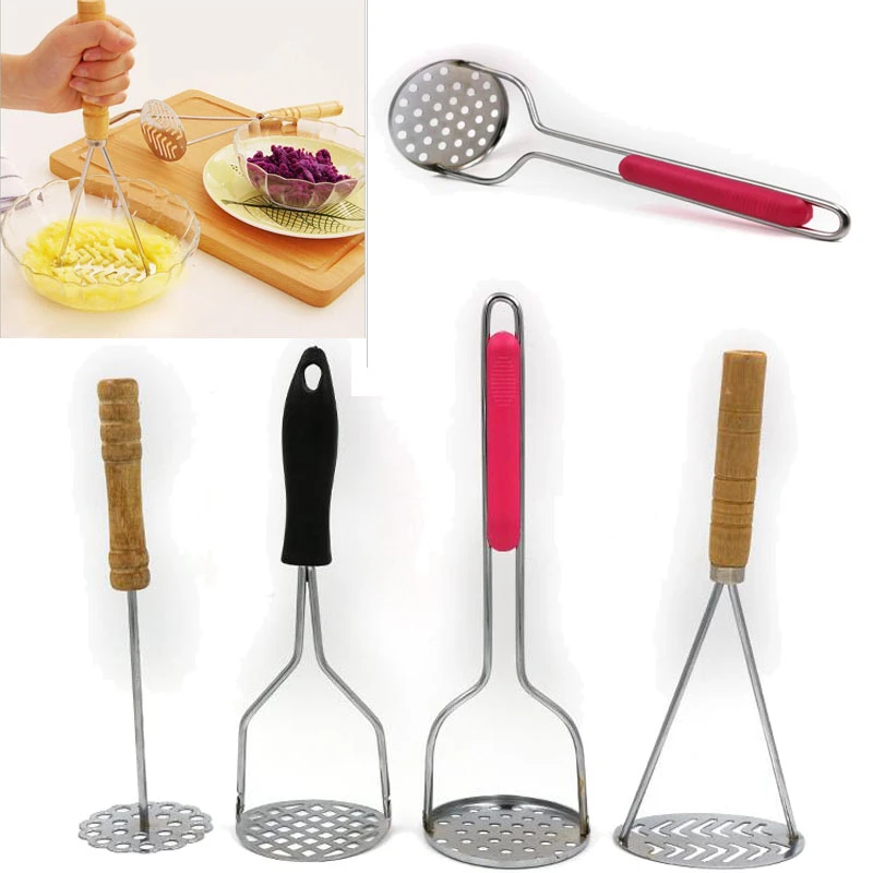 Stainless Steel Pusher / Potato Masher With Broad Mashing Plate For Smooth Mashed Potatoes Fruit Vegetable Tools Press Crusher