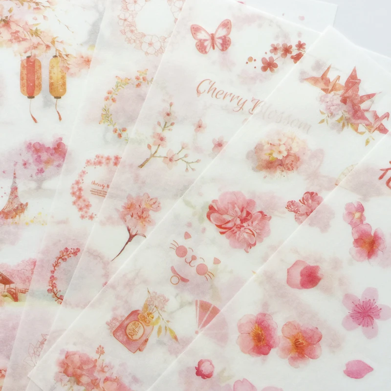 6 Sheets /Pack Romantic Spring Sakura Washi Paper Adhesive Decorative Label Stickers Stick Decoration Stickers