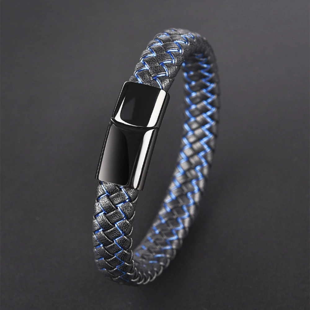 Jiayiqi New Men Jewelry Punk Black Blue Braided Leather Bracelet for Men Stainless Steel Magnetic Clasp Fashion Bangles Gifts