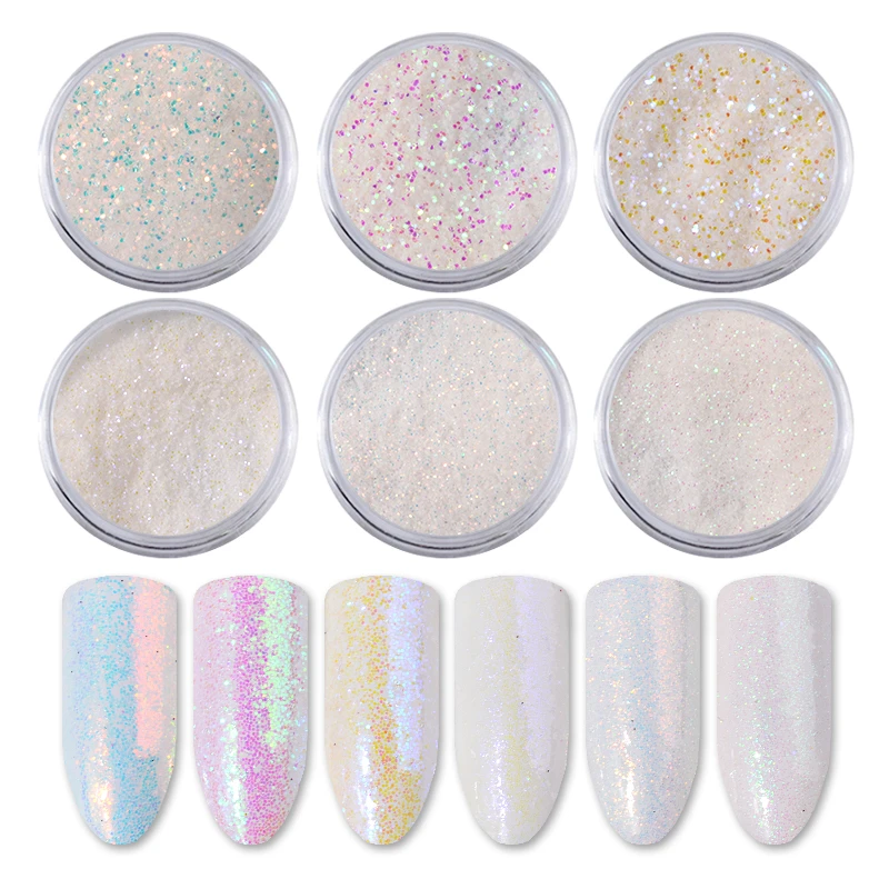 6Pcs White Holographic Aurora Nail Glitter Powder Colorful Unicorn Sequins 3d Charm Nail Art Pigment Decoration