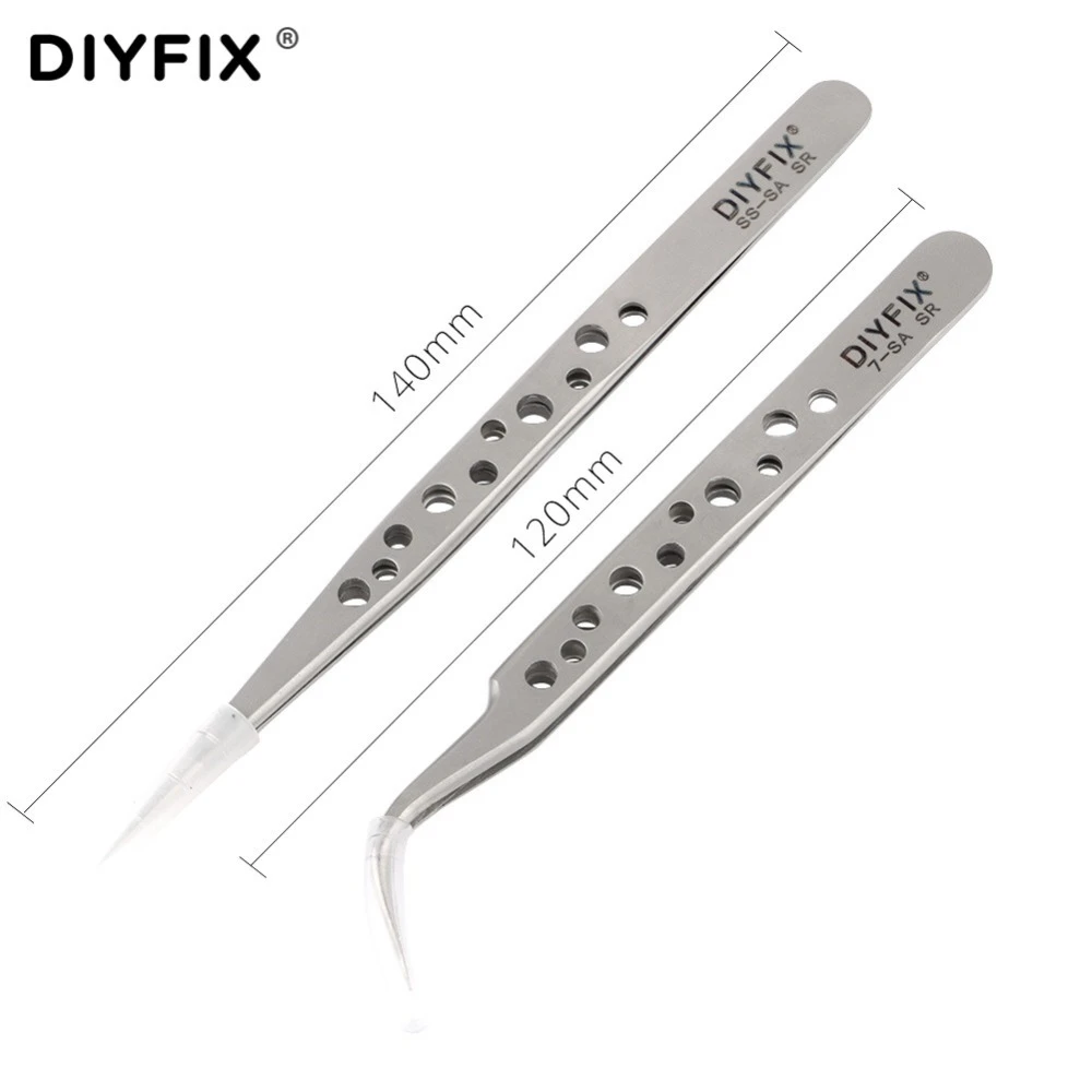 DIYFIX Electronics Industrial Tweezers Anti-static Curved Straight Tip Precision Stainless Forceps Phone Repair Hand Tools Sets