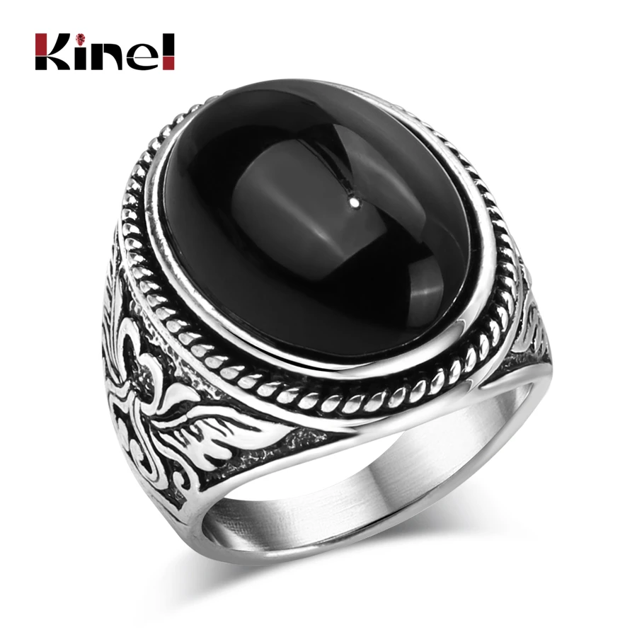 Kinel Fashion Flower Band Oval Natural Stone Rings For Women Vintage Look Antique Silver Color Men Jewelry Party Gifts