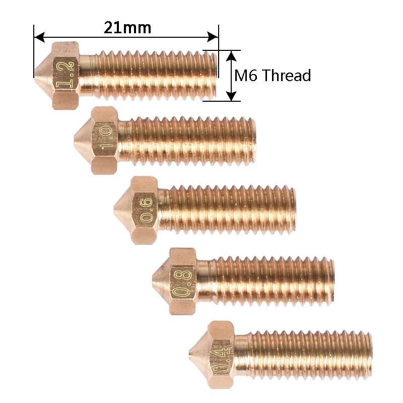 5PCS 3D Printer Brass Volcano Nozzle M6 Extruder Nozzle 0.4/0.6/0.8/1.0/1.2mm For 1.75/3mm Filament For 3D Printer Parts