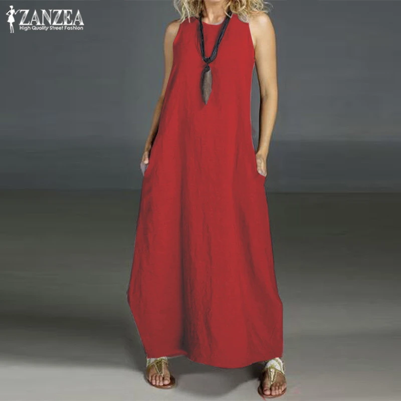2021 ZANZEA Casual Maxi Vestidos Womens Summer Sundress Vintage O Neck Sleeveless Baggy Tank Dress Robe  Cotton Dress