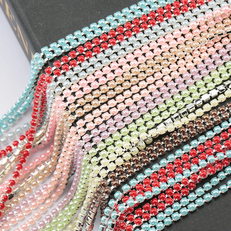 New Arrivals ABS Pearl Chain SS6 2/2.5mm Silver Base Cup Colorful Pearl Chain Apparel Sewing diy Beauty Accessories