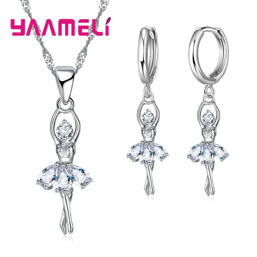 11.11 SALE Solid S925 Sterling Silver Jewelry Gift Sets Cute Ballet Dancer Design Necklace Hoop Loop Earrings for Women Party