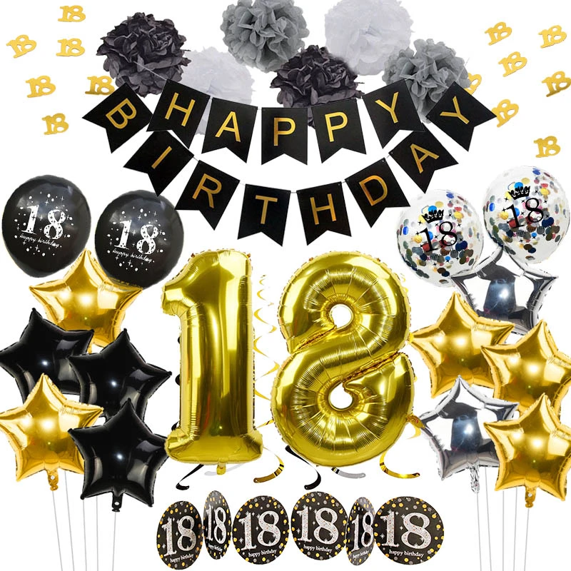 Black Gold Birthday Decoration Balloons Happy Birthday Banner Tinsel Garland Confetti for Adult 18 Birthday Party Decoration