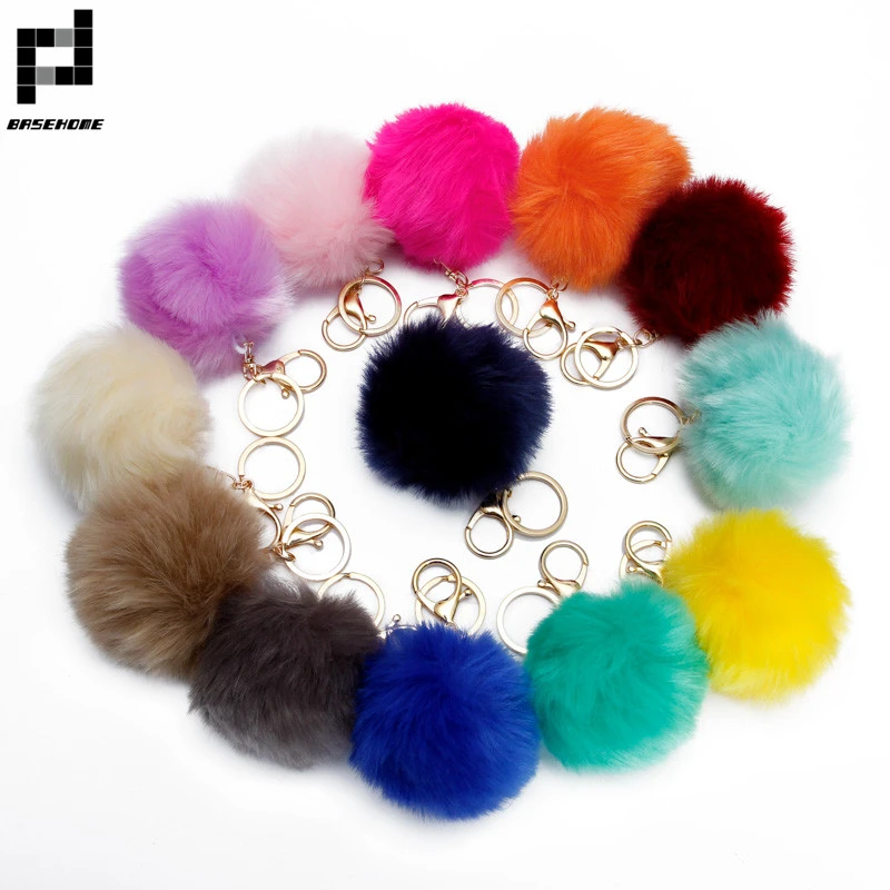 BASEHOME Trinket Pompons Keychains Faux Rabbit Fur Keychain Fluffy Key Chains Trinkets Pom Pom Keychain(Gold Color Chain)