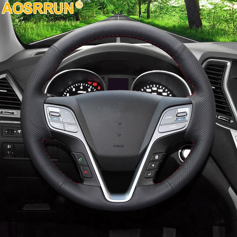 AOSRRUN Black Leather Hand-stitched Car Steering Wheel Cover for Hyundai ix45 Santa Fe 2013 2014 2015 2016 Car Accessories