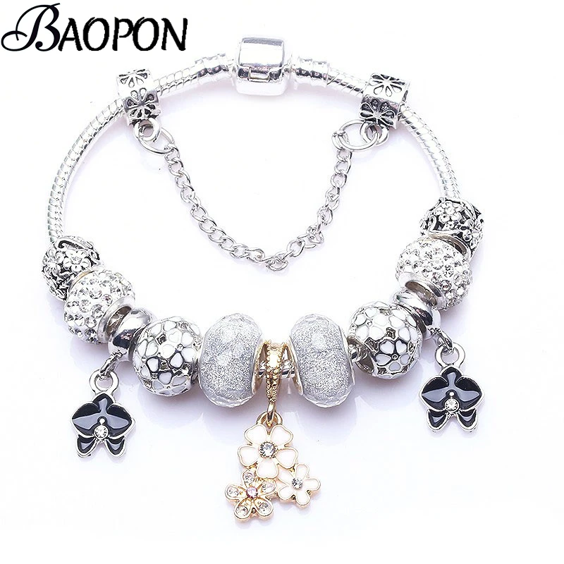 BAOPON Vintage Silver Plated Crystal Charm Bracelets For wome Fit Snake Chain Brand Bracelet DIY Jewelry Gift High Quality