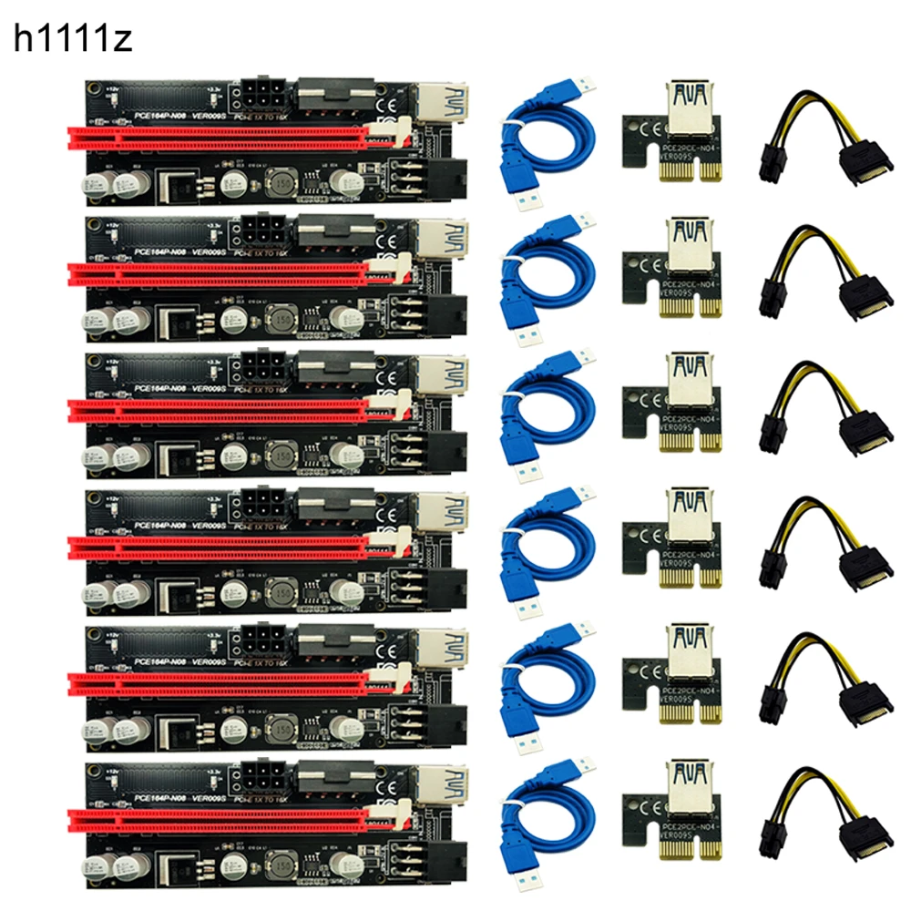 6pcs Newest VER009 USB 3.0 PCI-E Riser VER 009S Express 1X 4x 8x 16x Extender Riser Adapter Card SATA 15pin to 6 pin Power Cable