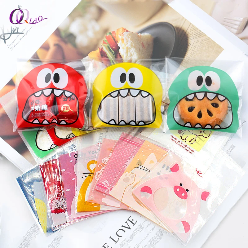 100pcs Cookie Candy Bag Cute Cartoon Self-adhesive Plastic Packing bag For Biscuit Gift Food Packing,Baking Package