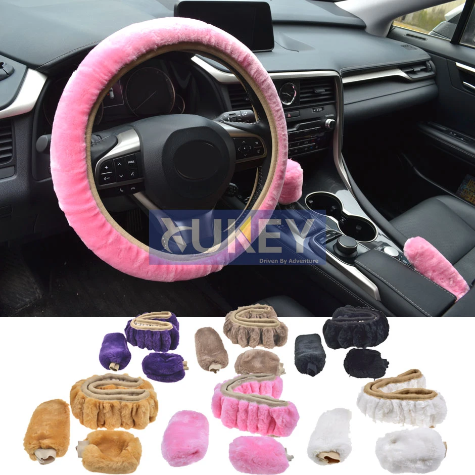 XUKEY 3Pcs CAR WINTER FAUX WOOLEN FUR STEERING WHEEL COVER HAND BRAKE GEAR KNOB COVERS PADS CAR STYLING KEEP HANDS WARM PLUSH