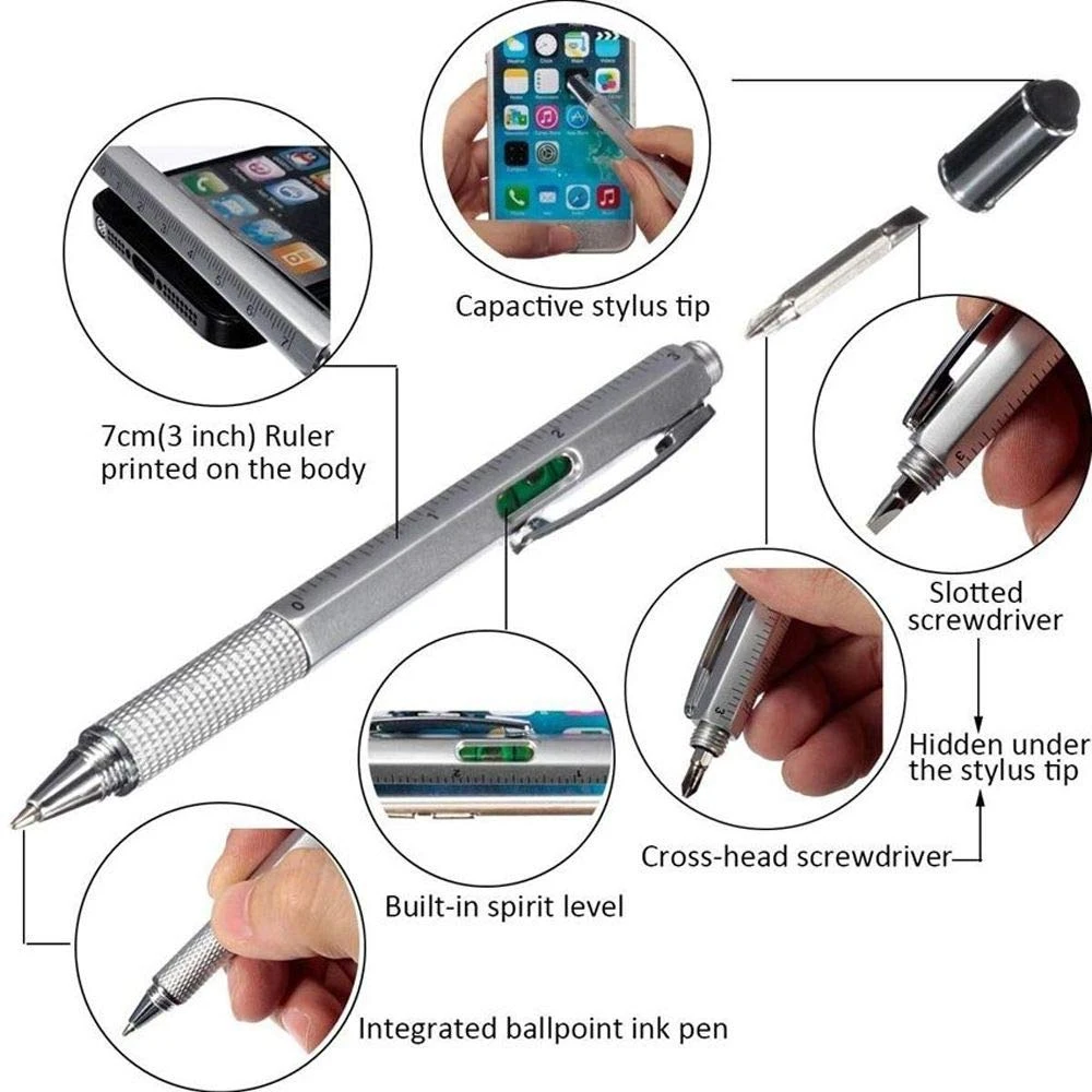6 In 1 Touch Ballpoint Stylus Pen With Spirit Level Ruler Screwdriver Tool Office School Supplies Hand tool