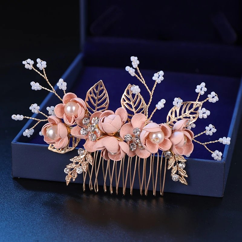 Fashion Pink Blue Flower Hairpins Pearls Rhinestone Hair Combs Prom Bridal Wedding Hair Accessories Gold Leaves Hair Jewelry