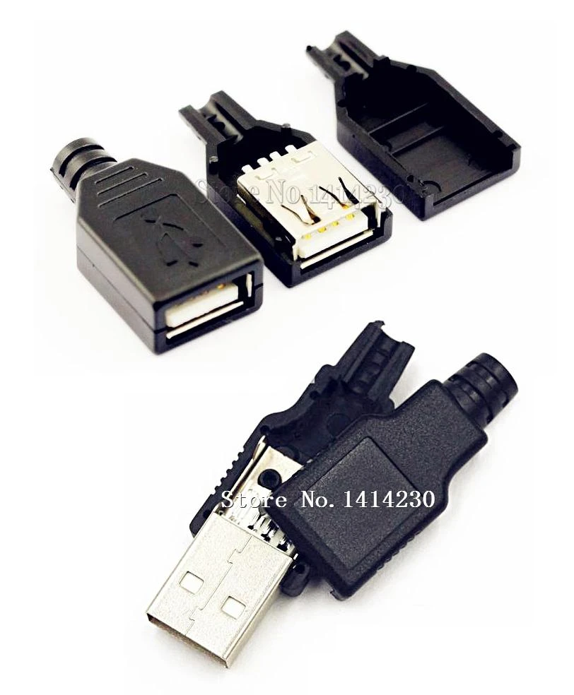 10Pcs Type A Female and A Male USB 4 Pin Plug Socket Connector With Black Plastic Cover USB Socket(5pcs male + 5pcs female)