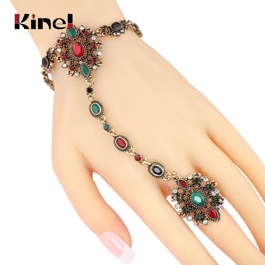 Kinel Unique Bracelet link Ring Turkish Jewelry Set For Women Antique Gold Crystal Flower Vintage Wedding Jewelry 2017 New