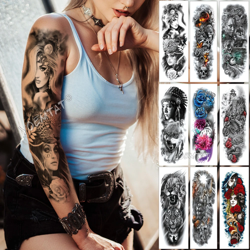 Large Arm Waterproof Temporary Tattoo Sticker Lion Leopard Print Beauty Girl Rose Flash Tatto Woman Tribal Fake Sleeve Tatoo Man