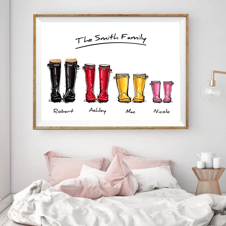 Custom Family Print Gift Personalised Poster Wellies Wall Art Canvas Painting Wellington boot Wall Pictures For Liveing Room