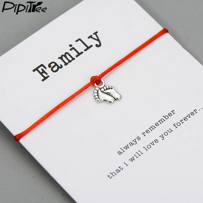 Pipitree Lovely Double Feet Family Wish Bracelet Mom Dad Baby Kids Gift Simple Red String Charm Bracelets Jewelry for Women Men