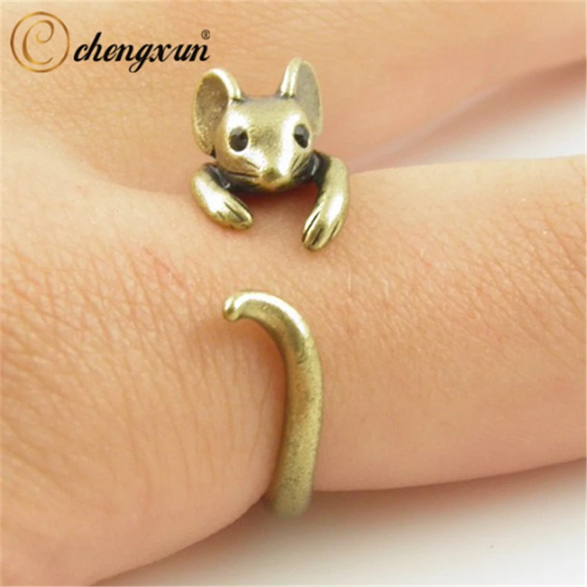 CHENGXUN Boho Chic Vintage  Brass Knuckle Adjustable Mouse Animal Wrap Weeding Ring Ladies Fashion Jewelry