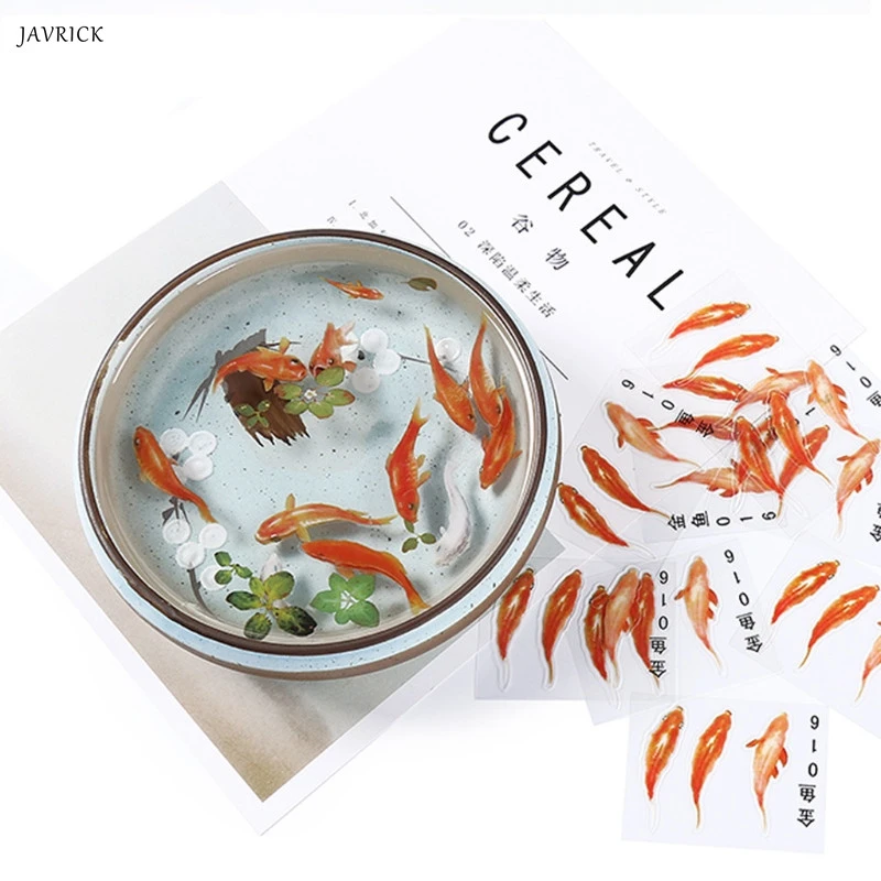 5/10Pc 3D Green Leaf Real Goldfish Clear Water Grass Film Sticker For Resin Goldfish DIY Painting Jewelry Making Accessories