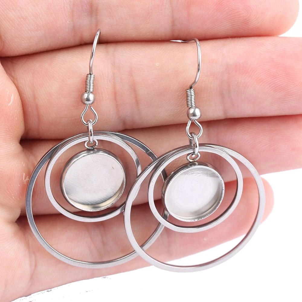 reidgaller 10pcs diy Stainless Steel dangle earring base blanks 12mm dia cameo cabochon settings with double hoop circle charms