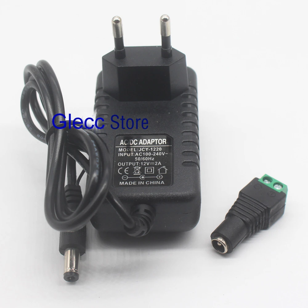 1PCS 24W EU US Plug Driver Adapter AC110V 220V to DC 12V 2A 5.5*2.1mm LED Power Supply +1pcs Female Connector For LED Strip