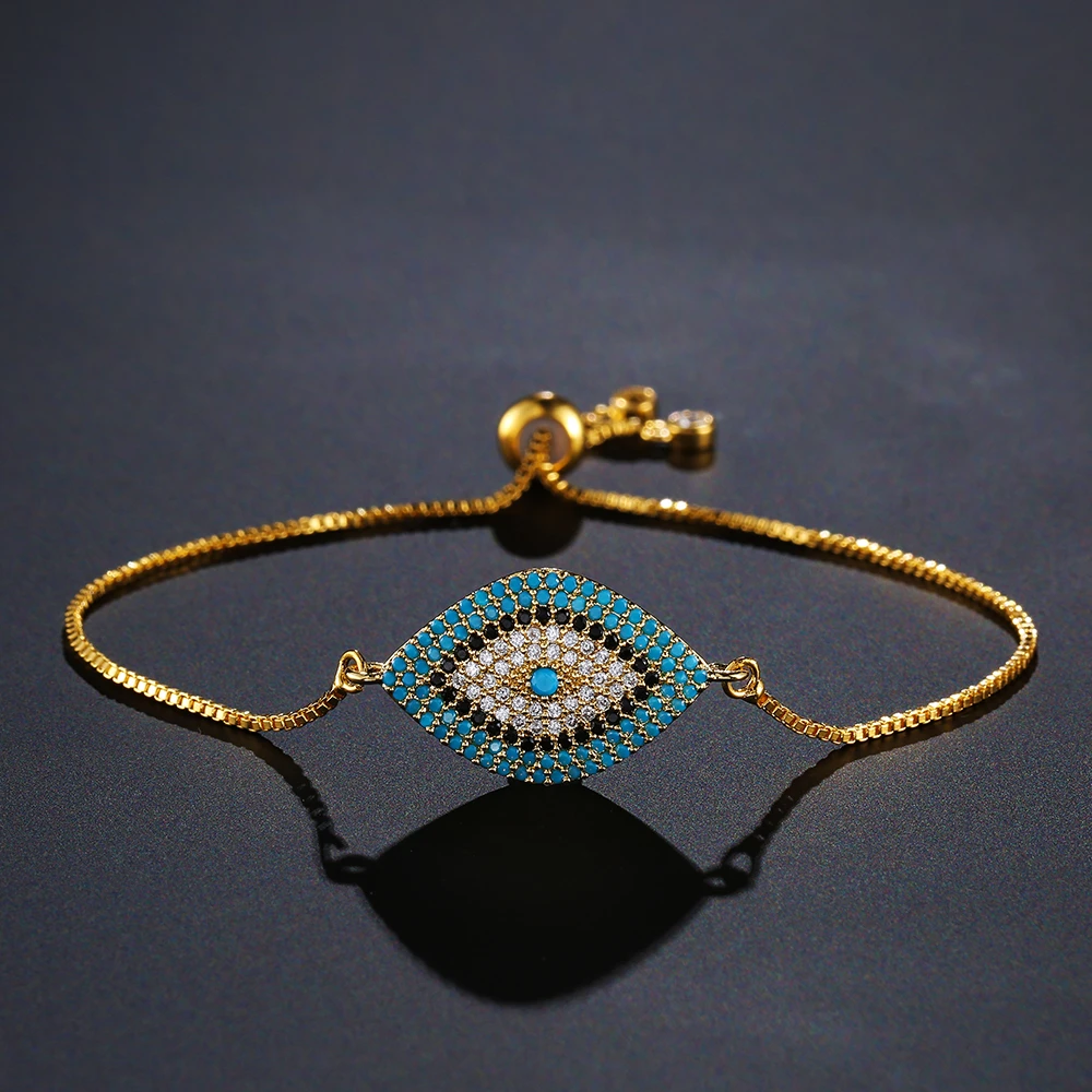 NEWBUY 2021 Trendy Turkish Gold Evil Eye Bracelet Pave CZ Blue Eye Gold Chain Bracelet Adjustable Female Party Jewelry