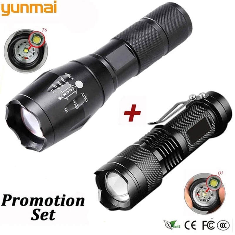 Promotion portable LED tactical flashlight Q5 2000LM + 1800LM LED flashlight T6 Zoomable lante LED Torch Ultra Bright Light