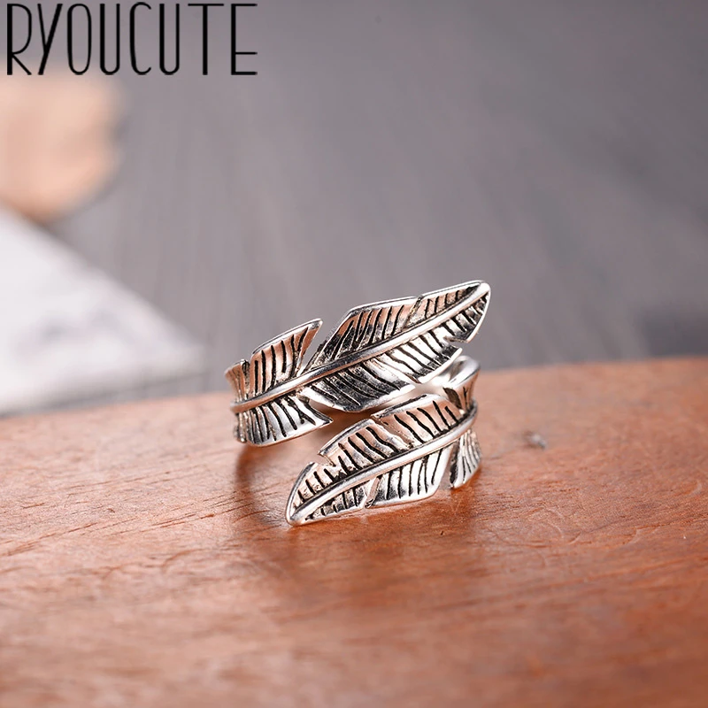 2019 Bijoux Fashion Real Silver Color Feather Rings for Women Boho Adjustable Antique Rings Anillos