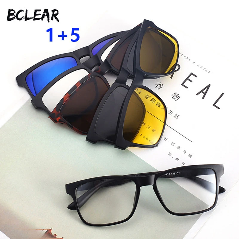 BCLEAR fashion unisex TR90 optical frame with 5 sun lenses clip on polarized sunglass night vision magnetic spectacle frames