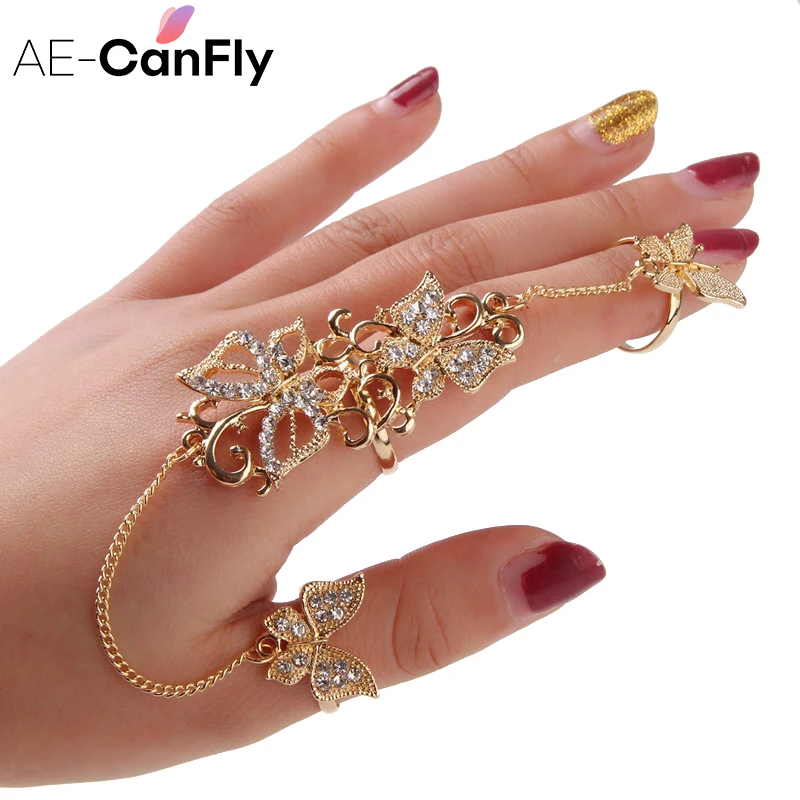 AE-CANFLY Rhinestone Flower Butterfly Full Finger Rings for Women Gold Chian Link Double Armor Ring Wholesale