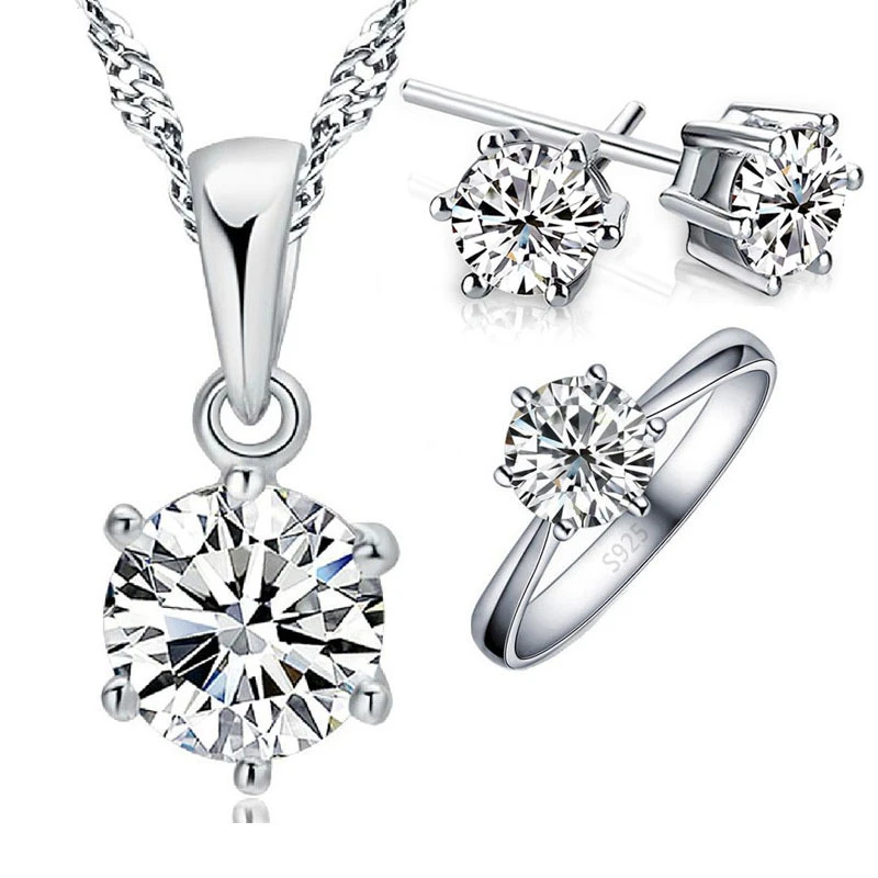 925 Sterling Silver Bridal Jewelry Sets For Women Accessory Cubic Zircon Crystal Necklace Rings Stud Earrings Set Gift