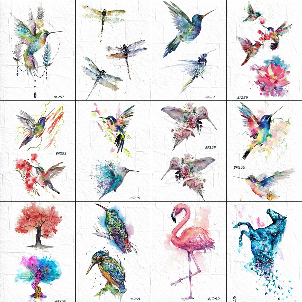 Watercolor Flash Temporary Hummingbird Tattoo Women Dragonfly Birds Body Art Tatoos Waterproof Fake DIY Painting Tattoos Sticker