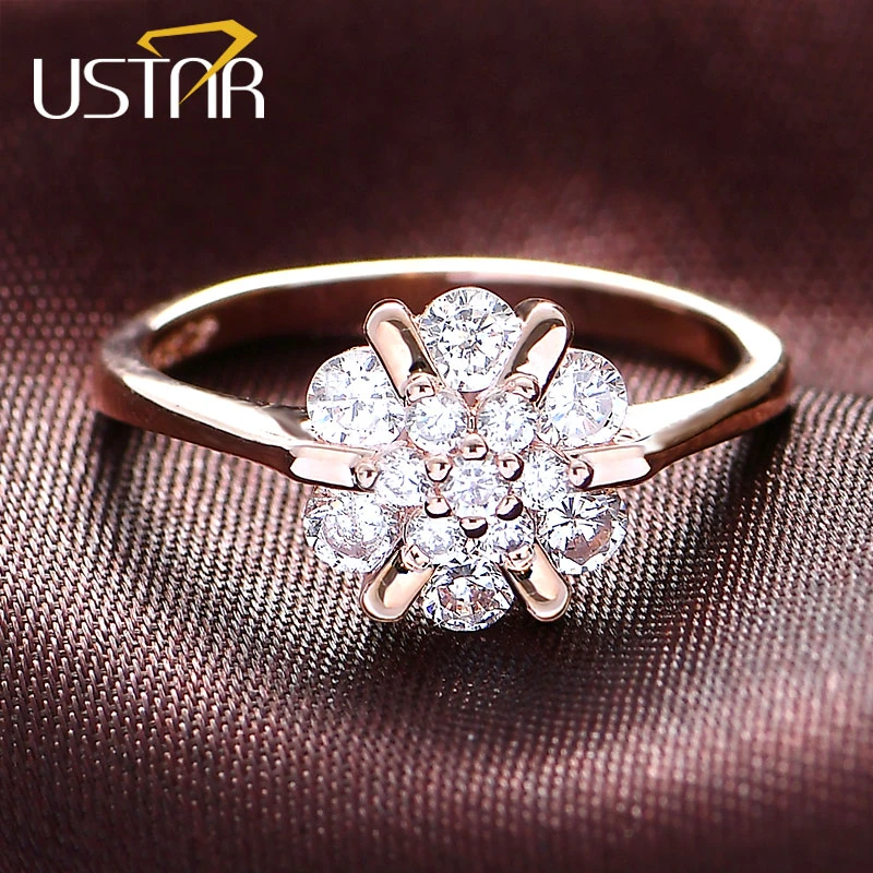 USTAR Flower Zircon wedding Rings for women jewelry Austria Crystals Rose Gold color engagement Rings Female Anel bijoux gift