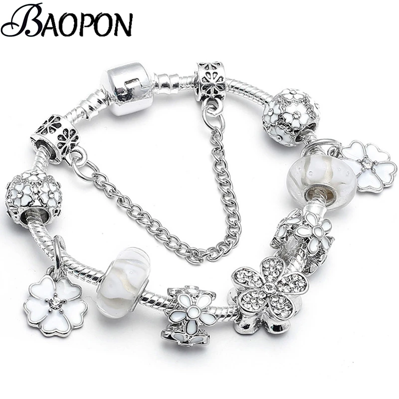 BAOPON Hot Sale White Crystal Flower Dangles Charm Bracelet Plant Beads Brand Bracelet For Women Men Couple Anniversary Jewelry