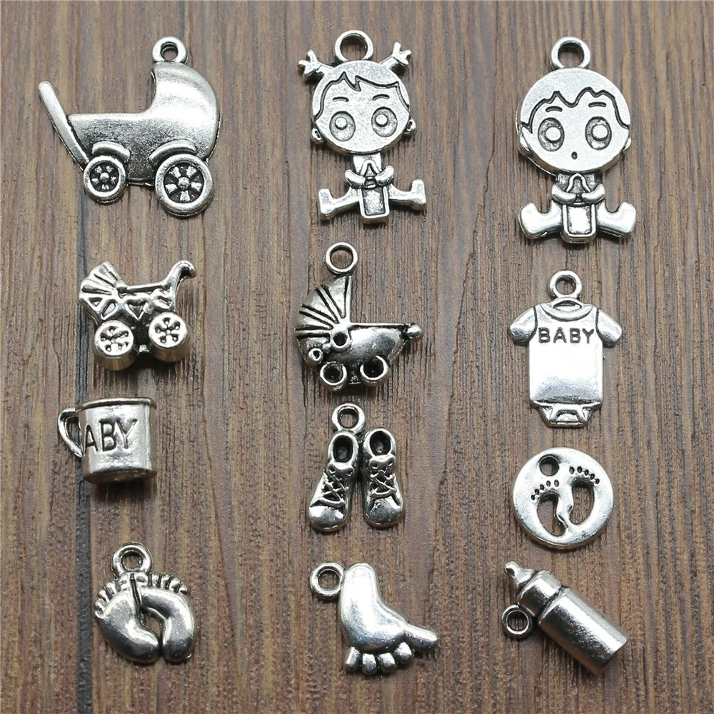 20pcs Baby Charms Antique Silver Color Baby Carriage Charms Pendants For Bracelets Cute Baby Feet Charms For Jewelry Making