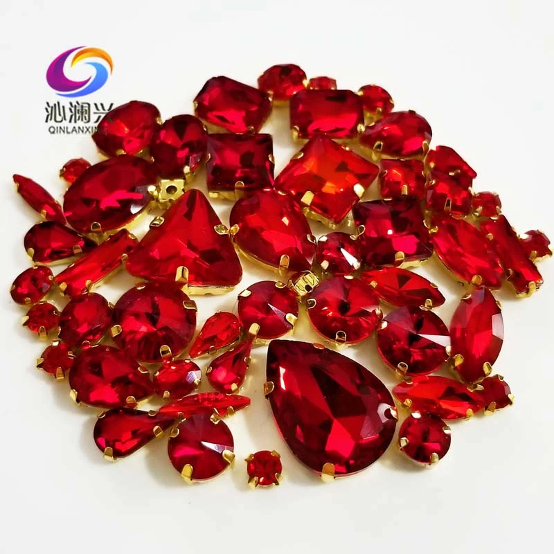 Factory sales 58pcs/pack Gold bottom red top crystal glass sew on stones,mix size claw rhinestone diy/jewelry accessories