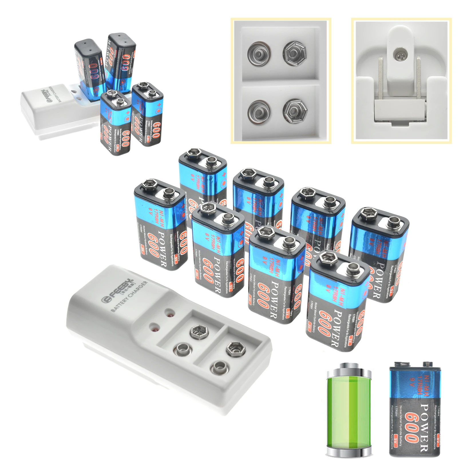 2/4/6/8pcs 9V 6F22 600mAh NI-MH Rechargeable Battery & 9 Volt Charger High Volume US Plug