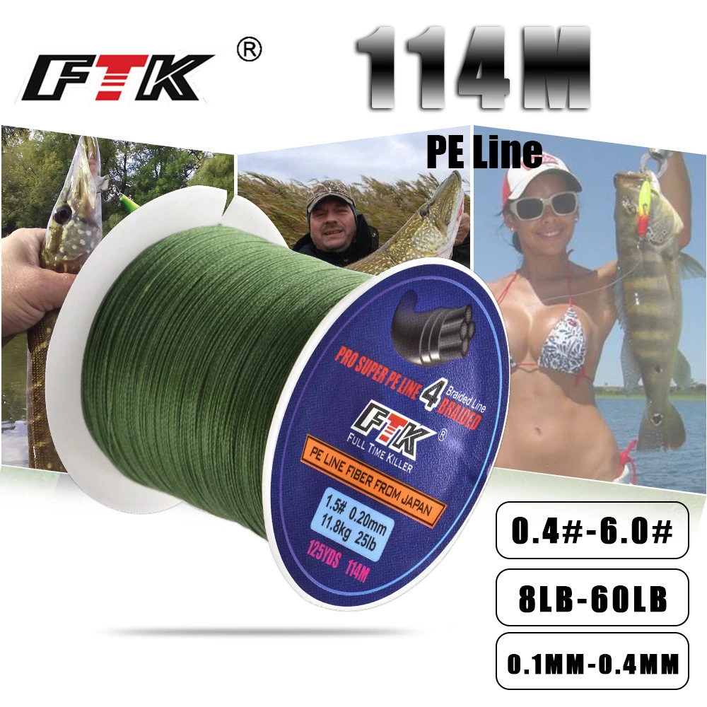 FTK 114m 125Yards 4 Strands PE Braided Fishing Line 8 10 20 30 40 50 60LB 4 Wire Japan Multifilament Fishing Braided Lines