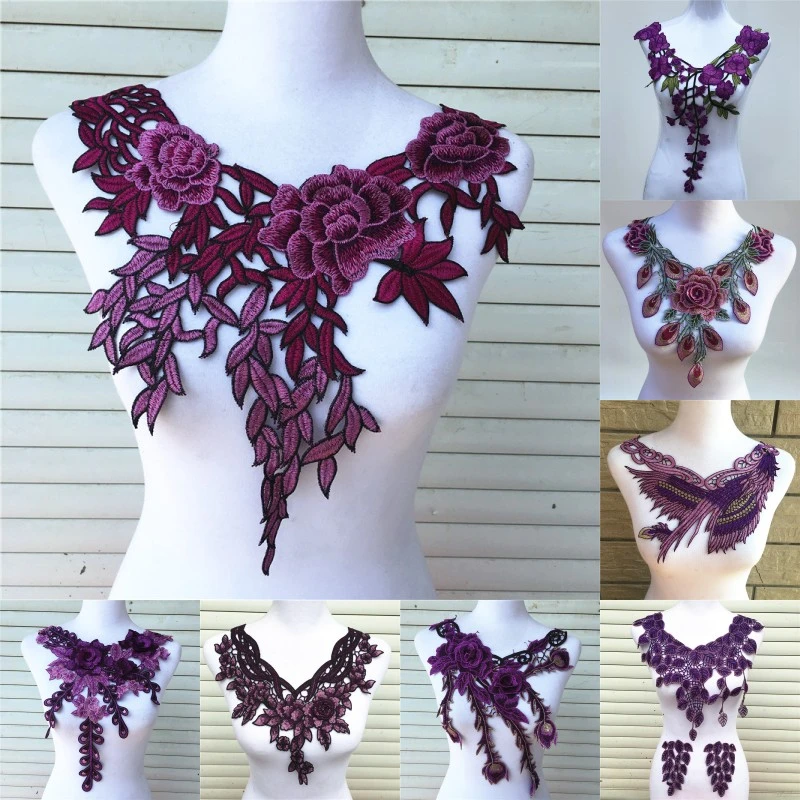 1pc Purple Series Lace Neckline Collar Flower and Heart Venise Lace Applique Trim, Lace Fabric Sewing Supplies Scrapbooking