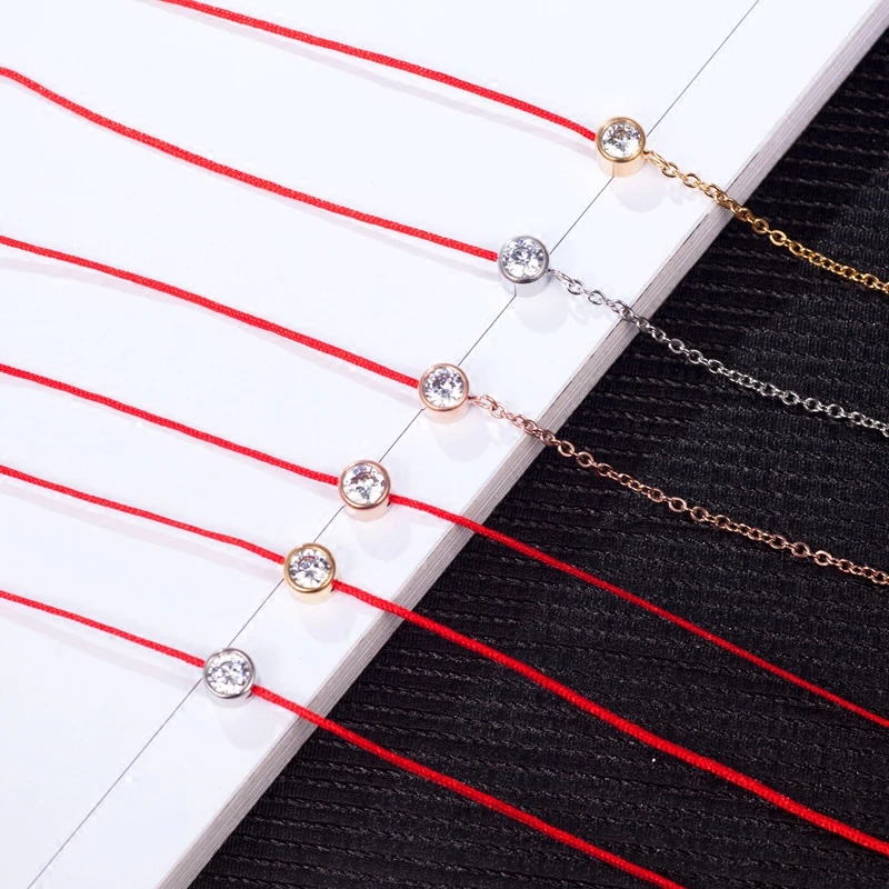 YUN RUO Brand Gold Silver Color Zircon Crystal Red Line Bracelet Charms 316 L Stainless Steel Jewelry Woman Chain Prevent Fade