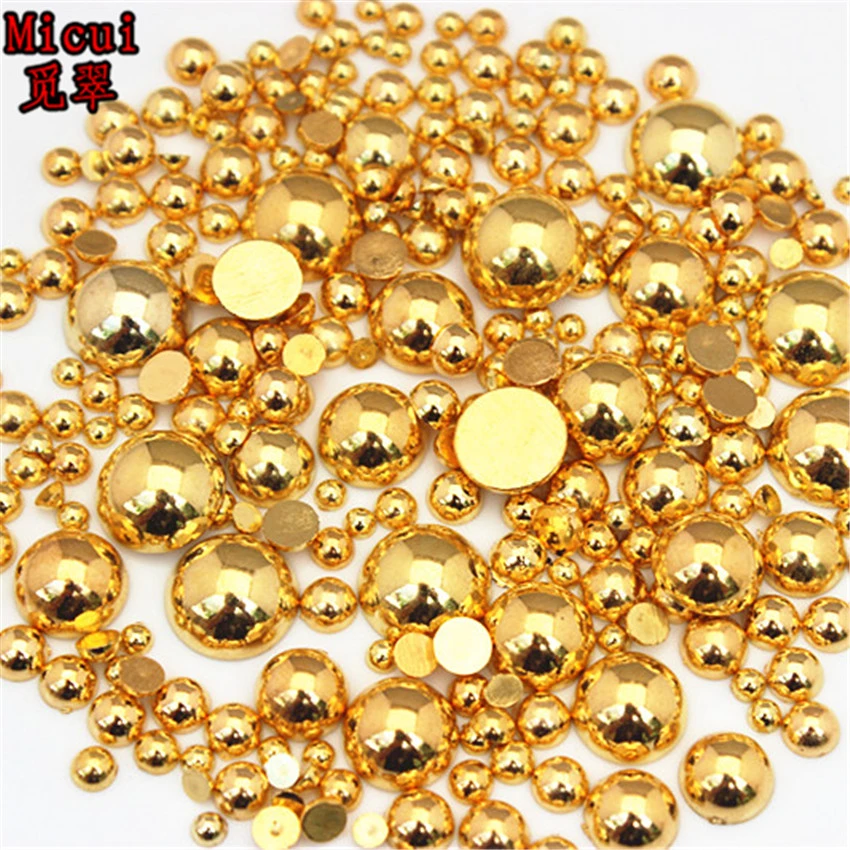 Micui Gold Color Round Rhinestone Appliques Flatback Acrylic Strass Non HotFix Crystal Stones 3D Nail Art For DIY Crafts MC94