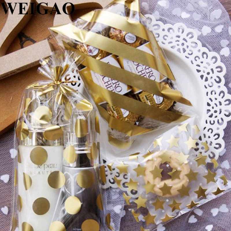 WEIGAO 20Pcs Gold Candy Bags Polka Dot Christmas Bags For Xmas Party Cookies Biscut Wrap Package Plastic Bag Birthday Gift Box