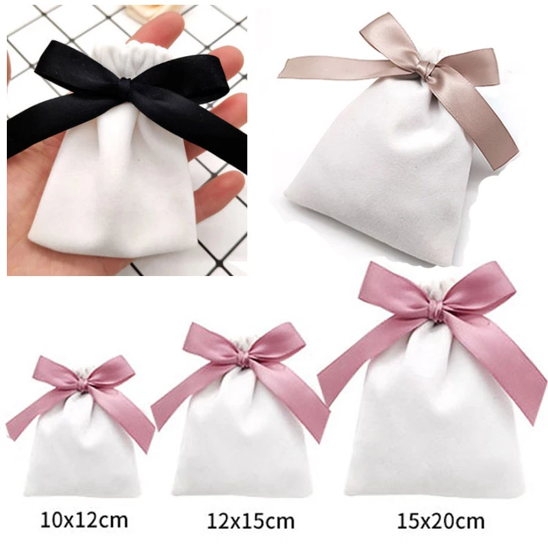 White Velvet Gift Bags with Ribbon Jewelry Sack 7x9cm 10x12cm 12x15cm pack of 50 Eyelashes Makeup Lipstick Drawstring Pouches