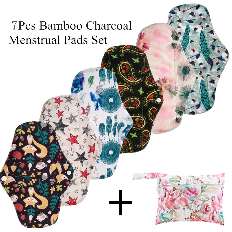 [simfamily]  6+1 sets  Reusable Bamboo Charcoal Sanitary Pads Regular Flow pads Health higiene feminina Menstrual Cloth Pads
