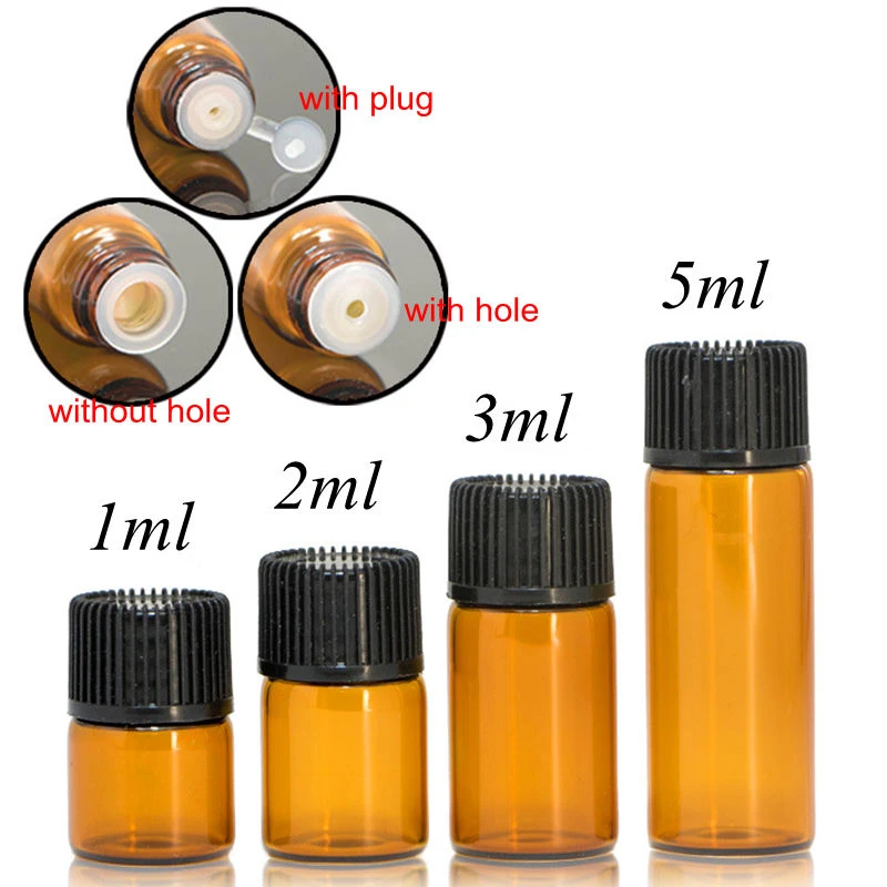 100pcs 1ml 2ml 3ml 5ml Drams Amber Glass Bottle With Plastic Lid Insert Essential Oil Glass Vials Perfume Sample Test Bottle