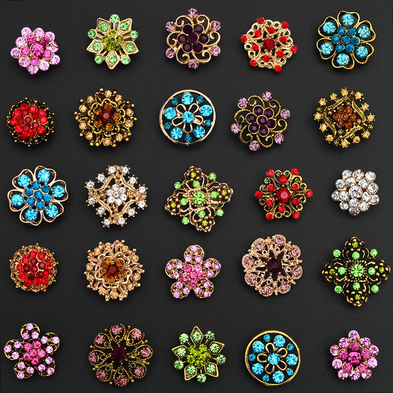 Brooch Pin 25 Colors Vintage Colorful Crystal Gold Flowers Rhinestone Brooch Pin Badge DIY Rhinestone Accessories Party Wedding