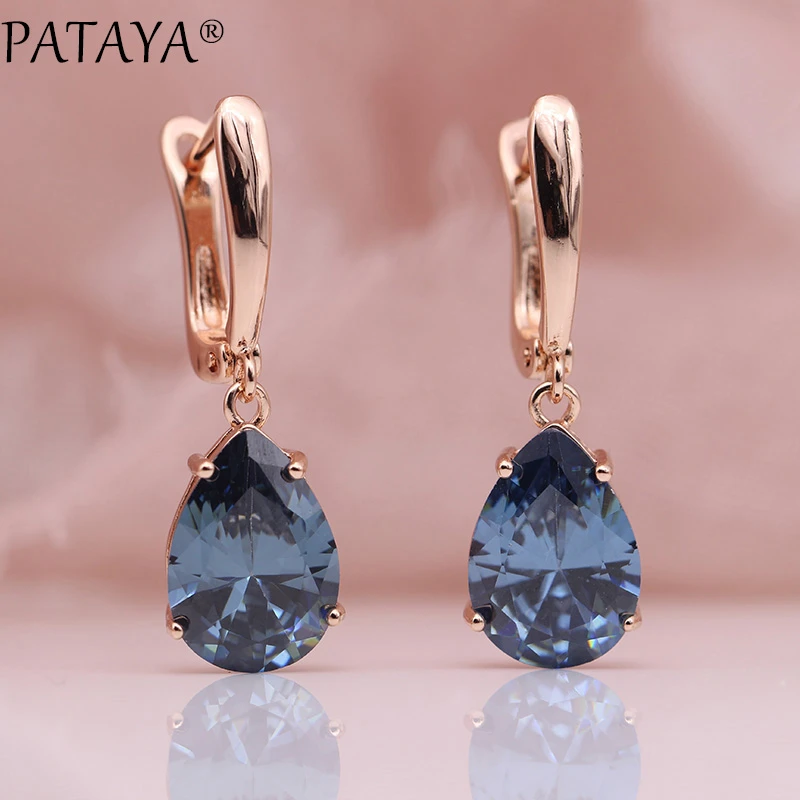 PATAYA New Gradient Blue Long Earrings Women Fashion Simple Fine Jewelry 585 Rose Gold Water Drop Natural Zircon Dangle Earrings